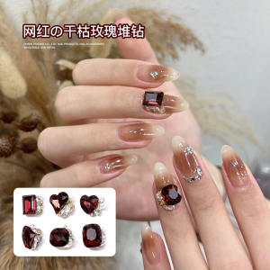 New Arrival Dark Red Rose Pile Style Diamond Finished Product Nail Ornament Super Flash Heart Rectangular Oval Nail Rhinestone Decorations