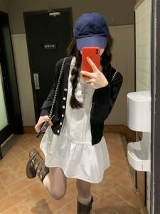 White Doll Collar Long Sleeve Shirt Dress Womens Early Autumn Korean Style Short Skirt Set Small Size High Waist A-Line Skirt