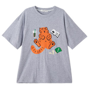 Girls Cartoon Tiger Short Sleeve Loose Fit Cotton T-Shirt Childrens Summer Fashion Wear Ages 3-14 Casual round Neck Top