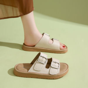 Genuine Leather Birkenstock Womens Summer Outdoor Flat Bottom Sandals Soft Sole Beach Slippers Casual Everyday Slip-On Shoes