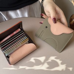 Adorable Cartoon Elephant Genuine Leather Coin Purse Womens Mini Accordion Multi-Card Slot Wallet Top Layer Cowhide