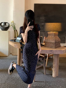 French Vintage Floral Print V-neck Short Sleeve Womens Dress Summer New Style Waist-cinching Bodycon Long Skirt H-Line