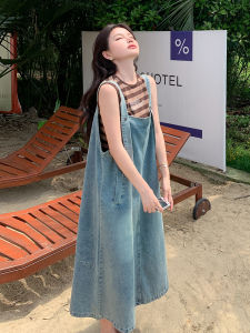 Blue Denim Halter Dress Womens Summer New Loose Age-Defying Design Korean Style Wide Shoulder Straps Midi Skirt Dress