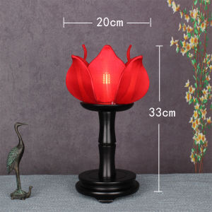 Classical Chinese Lotus Lamp Wooden Body Buddha Hall Offering Lamp Zen Atmosphere Long Burning Lamp for Living Room Bedroom