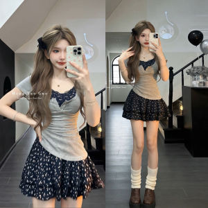 XUECAIQI | Summer New Gentle Korean Style Outfit Short Sleeve Top with Floral Spaghetti Strap Dress