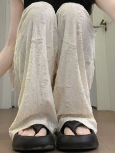 White Wide Leg Pants Women Summer New High Waist Drape Casual Straight Small Size Slim Diamond Hole Pants Ladies Trousers