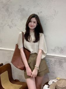 VKSOD | Retro Korean Style Pure Color Short Sleeve T-Shirt Top Womens Summer Casual Khaki Shorts Two-Piece Set Round Neck Tee