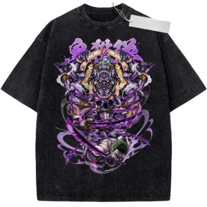 Bandai | Vintage Washed T-Shirt One Piece Anime Luffy Sun God Nika Gear 5 Print Oversized Streetwear for Casual Daily Campus