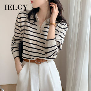 IELGY V-neck striped knitted bottoming shirt polo long sleeve womens autumn new loose commuter all-match outer wear top