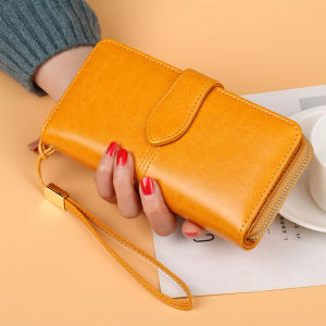 Elegant Yellow Leather Wallet Womens Long Multi-Card Slot Large Capacity Hand-Held Bag Vintage Style Fashionable Accessory