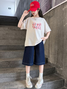 Girls Summer Short Sleeve Casual Denim Two-Piece Set Cotton Fabric Breathable Cool Feeling Mosquito Proof Sport Scene Suitable