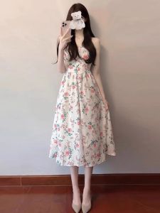 Sweet Floral Chiffon Summer Dress Gentle Neck Hanging Strap French Style A-Line Skirt Long Dress for Casual Commute Wind
