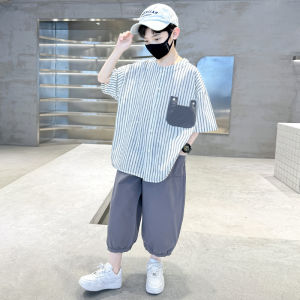 Boys Summer Sporty Thin Set Stripe Fashionable Trendy Youth Shorts Sleeve Shirt Nine Points Pants Casual Sportswear Ensemble