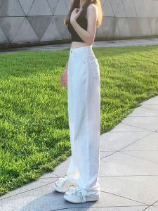 กางเกงยีนส์ทรงตรงขากว้างเอวสูงสำหรับผู้หญิง กางเกงขายาวทรงสลิมฟิตสีขาว ทรงเข้ารูป ฤดูใบไม้ผลิ 2025 กางเกงยีนส์ทรงสลิมฟิตสำหรับผู้หญิง