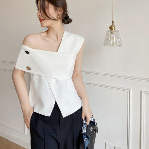 เสื้อเชิ้ตแขนกุดคอวีสีขาวสำหรับผู้หญิงในช่วงฤดูร้อน ดีไซน์ฝรั่งเศส เอวสูง กระโปรงทรงเอ ทรงเข้ารูป ผ้าโพลีเอสเตอร์ 100%