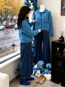 Womens 2025 New Fashionable Slimming Long Sleeve Denim Wide Leg Pants Two Piece Set High Waist Comfortable Casual Outfit