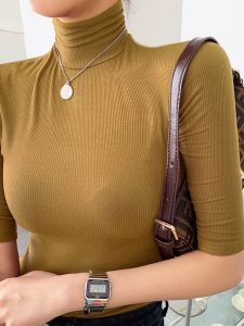 High Collar Slim Fit mid Sleeve Short Sleeve T Shirt Women Base Shirt Spring Autumn Inner Wear European Style Five Sleeve Top