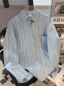 Design Sensation Loose Womens Polo Neck Shirt Striped Korean Style Autumn Spring Casual Long Sleeve Button up Top Coat