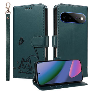 Leather Wallet Flip Case for Google Pixel 7 7A 8 8A 9 9A 10 10A 11 Pro XL | Cat & Butterfly Embossed Design with Card Holder