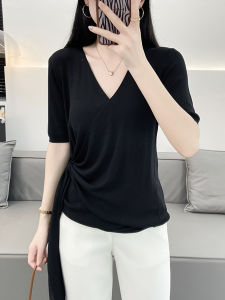 Korean Style V-Neck Ice Silk Knitted T-Shirt Women Short Sleeve Asymmetric Design Slimming Waistband Fashionable Youthful Top