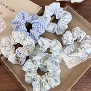 6 ชิ้น/เซ็ต Scrunchies สีฟ้าขนาดเล็กดอกไม้พิมพ์ผมผูกผมหางม้าหวานน่ารักผมวงยืดหยุ่นผู้หญิงอุปกรณ์เสริมผม
