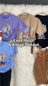Setelan Kaos Serut Crop Top Kargo Pendek Anak Perempuan Kekinian Labubu | Set Tshirt Umur 1-14 Tahun