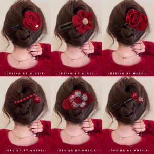 Kẹp Tóc Hoa Đỏ Đầu Năm Mới Cho Phụ Nữ Kẹp Tóc Đuôi Gà Chữ I Kẹp Tóc Thời Trang Đa Năng Kẹp Tóc Phụ Kiện Tóc Kẹp Tóc