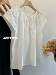 French Elegant White Puff Sleeve Loose Fit round Neck Back Hollow out Summer Shirt Womens Design Sense Top