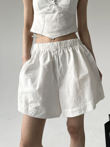 White Elastic Waist Shorts Womens Casual Fashion Commute Trendy Summer New Arrival High Waist Wide Leg Pants Polyester