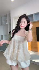 DX_ Set đồ mặc hè nữ xinh set áo 2 dây Ren thêu hoa vai Quảng Châu mix quần ngắn Tuyết Bi