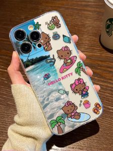 เคสโทรศัพท์ซิลิโคนใสลายแมวคิตตี้ ลายการ์ตูน ลายชายหาด สำหรับ Apple iPhone 17/16 15 14Plus 13ProMax 12Mini 11 XS XR