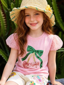 PPTOWN | Girls Lightweight Bowknot Net Bubble Sleeve Cherry Design T-shirt