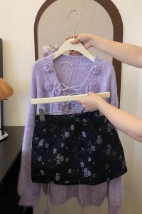 Korean Style Soft V-neck Knitted Top High Waist Mini Skirt Set Womens Fashion Ensemble Long Sleeve round Neck Two-piece Set