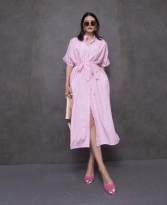 ●ECLAIRE● 026 Dress Midi Salur Stripe Garis-Garis Korea Kasual Basic Kerja Santai Liburan Modis Mode Trendy 1469