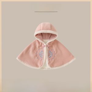 Thickened Fleece Baby Girl Coat next LiPo Chinese Style Windproof Outdoor Shoulder Shawl for Baby Girls with Hat Pure Color