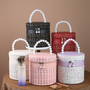 Round Makeup Bag with Mirror Large Capacity Bucket Cosmetic Bag Skincare Organizer Storage Toiletry Bag