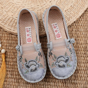 รองเท้าผ้าปักกิ่งใหม่ ผู้หญิง สลิปออนปักพื้นแบนพื้นนุ่ม ตาข่าย พื้นผิวแบบดั้งเดิม ชุดฮั่นฝู รองเท้าสบาย