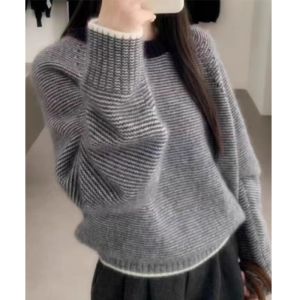 Christmas Atmosphere Knitted Sweater round Neck Woolen Striped Fashionable Gentle Versatile Korean Style Commute Vintage Loose Fit