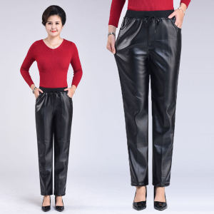 Womens Winter High Waist Loose Thickened Fleece Leather Pants Work Trousers Waterproof Spring Autumn Casual Straight Leg Pants