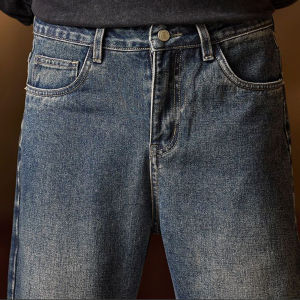 American Mens Y2K Retro Blue Denim Jeans Autumn Spring Relaxed Fit Korean Streetwear Casual Wide-leg Pants with Spliced Pockets