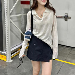 Shalldoer | Korean Style Loose Long Sleeve T-Shirt Womens Summer Thin Sunshade Shirt Breathable Casual Straight Tube Top Printed Design