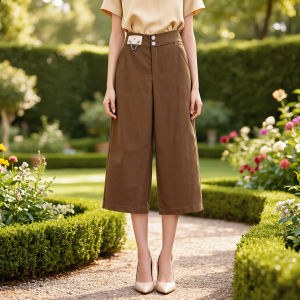 Chain Detail Button Decorated Solid Color Tapered 9-Part Cropped Casual Pants