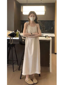 Ins Korean Style Summer Tassel Sleepwear for Women Long Dress Sleeveless Crewneck Solid Color Home Clothes Suitable for Outerwear
