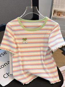 Summer Womens Short Sleeve T-Shirt Shoulder Line Design Slim Fit Striped Pattern Korean Style round Neck Top Fashionable Casual Wear
