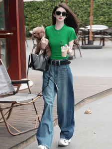 Summer 2025 Womens Green Cotton Short Sleeve T-Shirt round Neck Slim Fit Shoulder Length Korean Style Commute Classic Pattern