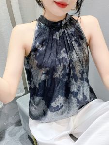 Elegant Halter Sleeveless Chiffon Blouses for Women Summer Stylish National Style Print Camisole Western-Style Bottoming Shirt