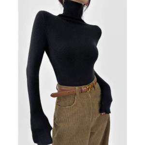 เสื้อชั้นในถักคอสูงสีดำสำหรับผู้หญิง เสื้อสเวตเตอร์แขนยาวทรงสลิมฟิต ทรงเข้ารูป ทรงเข้ารูป ฤดูใบไม้ร่วง/ฤดูหนาว