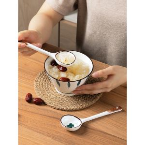 Large Ceramic Soup Spoon round Head Porcelain Soup Ladle Long Handle for Home Use Cooking Utensil High Aesthetic Value