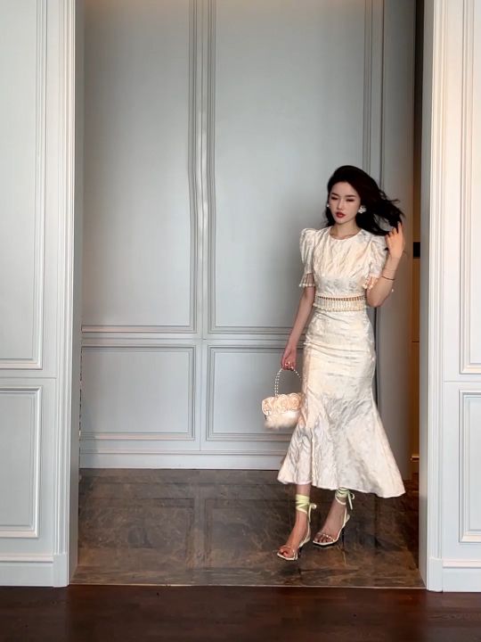 ZYHT Womens Summer Cream Satin 2-piece Set Puff Short Sleeve