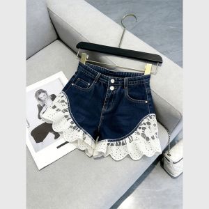 Lace Spliced Blue Jeans Shorts Design Sense Feminine